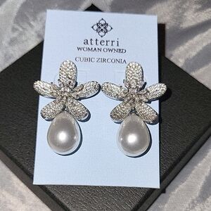 Atterri Silver Crystal Flower Pearl Drop Earrings Brand New Ta